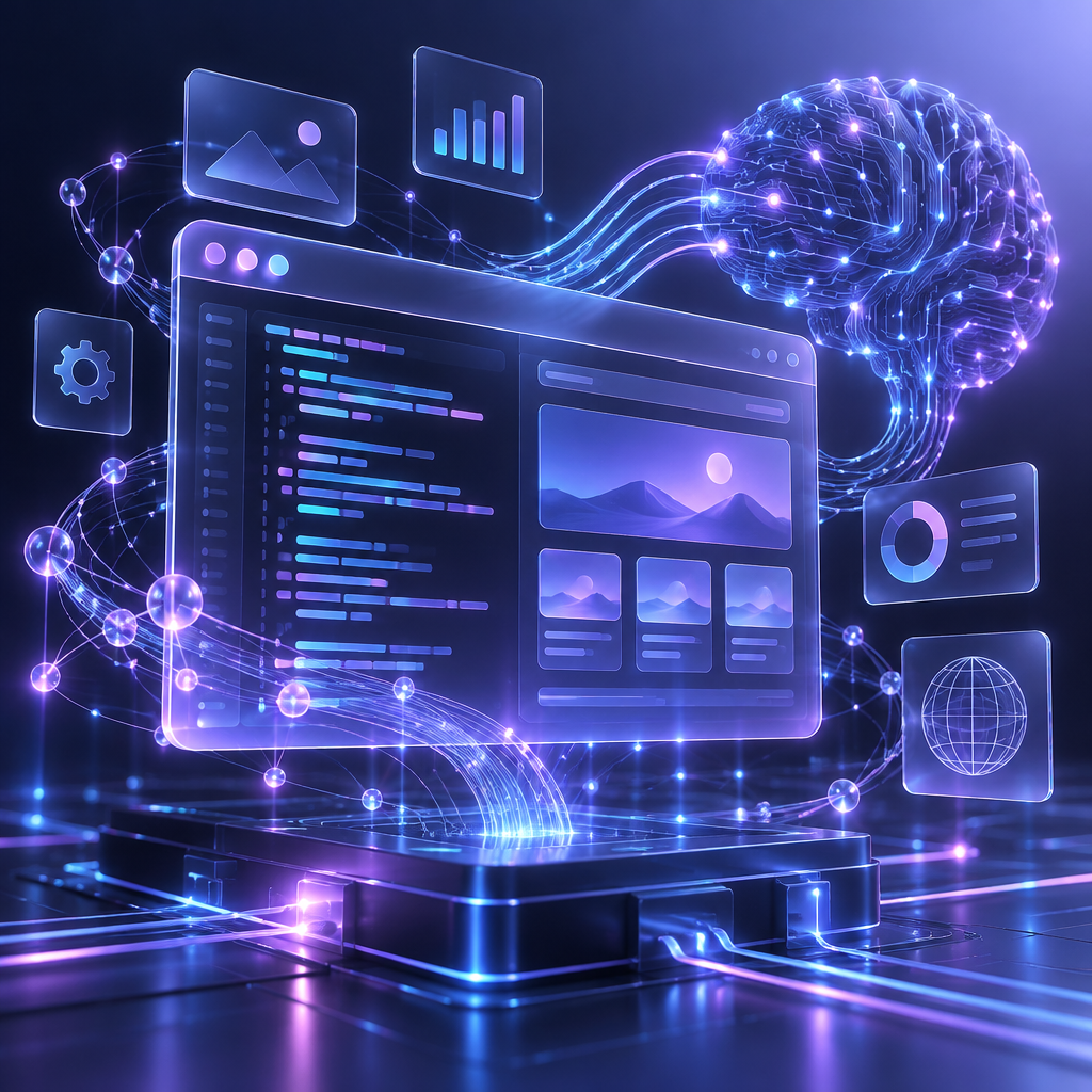 3D render of a translucent browser window with code, UI panels and a glowing AI neural network